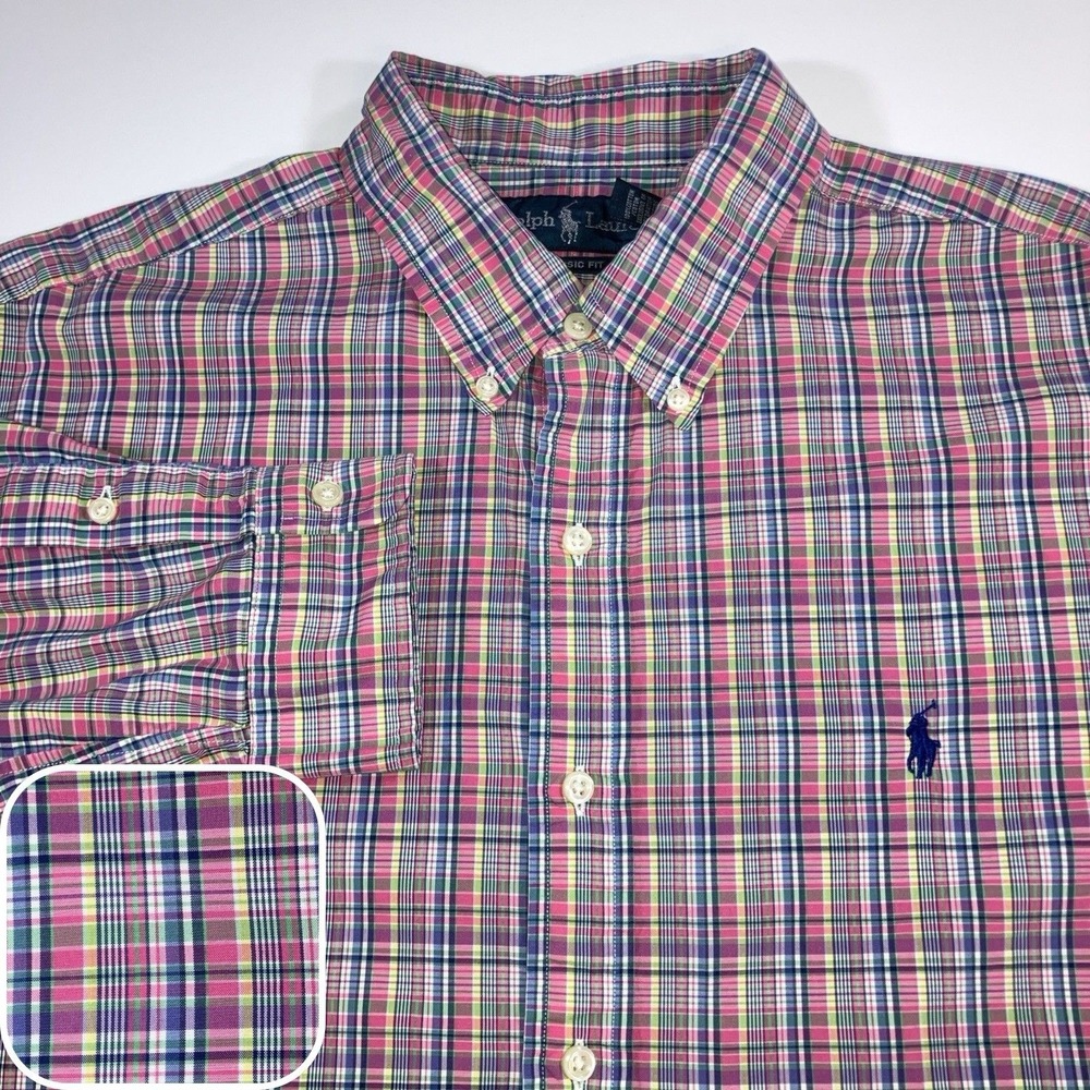 Polo Ralph Lauren Classic Fit Button Down Shirt Mens XL‎ Pink Purple Green Plaid